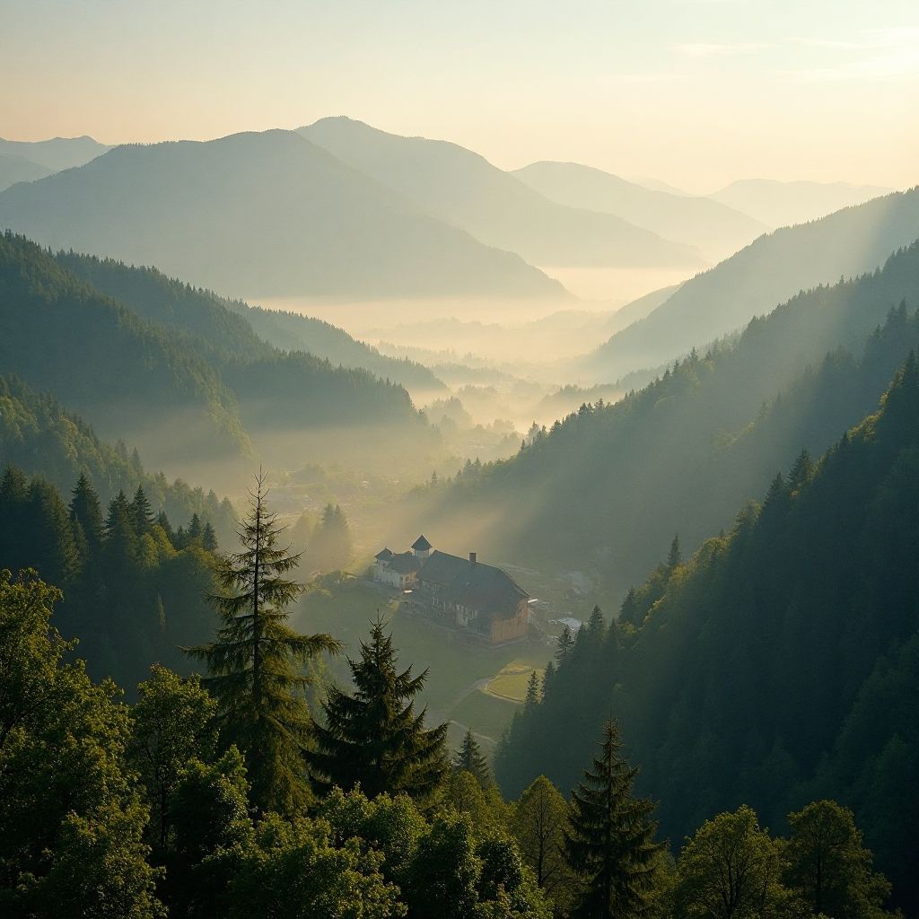 Panoramic view of Romanian landscape with forests and mountains
