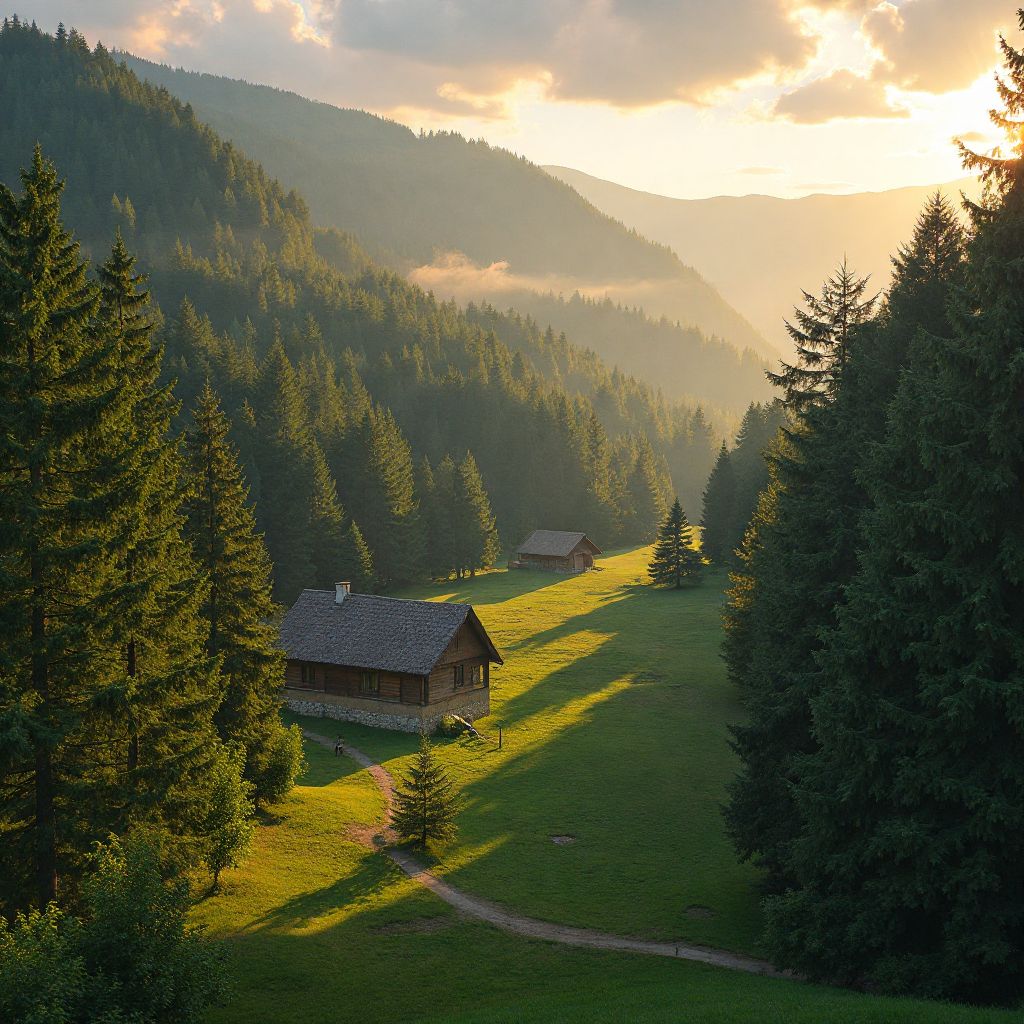 Romanian forest landscape with traditional village in background