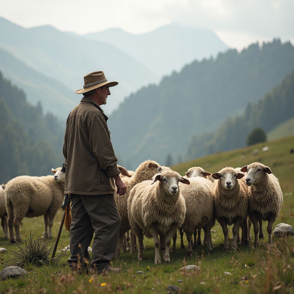 Shepherd with traditional sheep flock in mountains