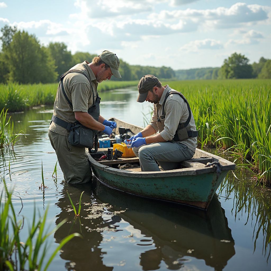 Scientists collecting water samples in Danube Delta