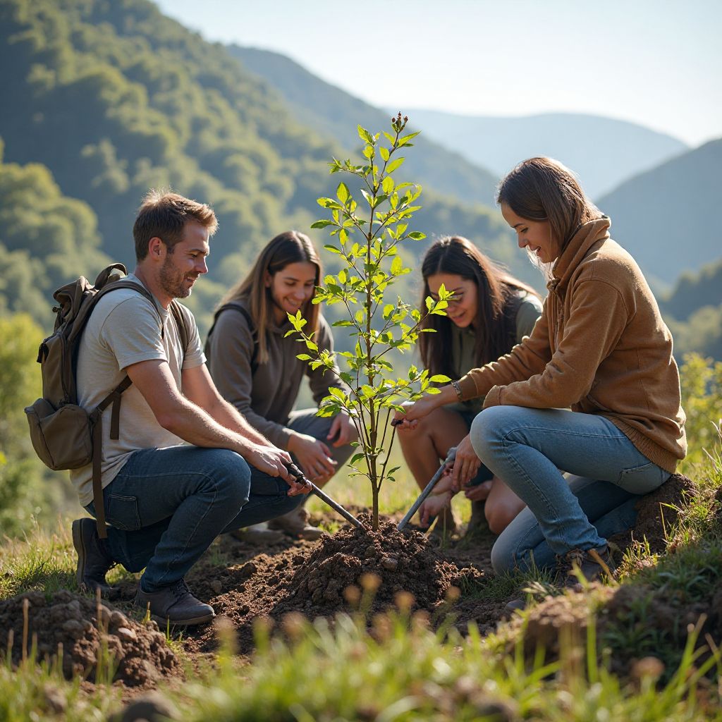 Volunteers planting trees on hillside