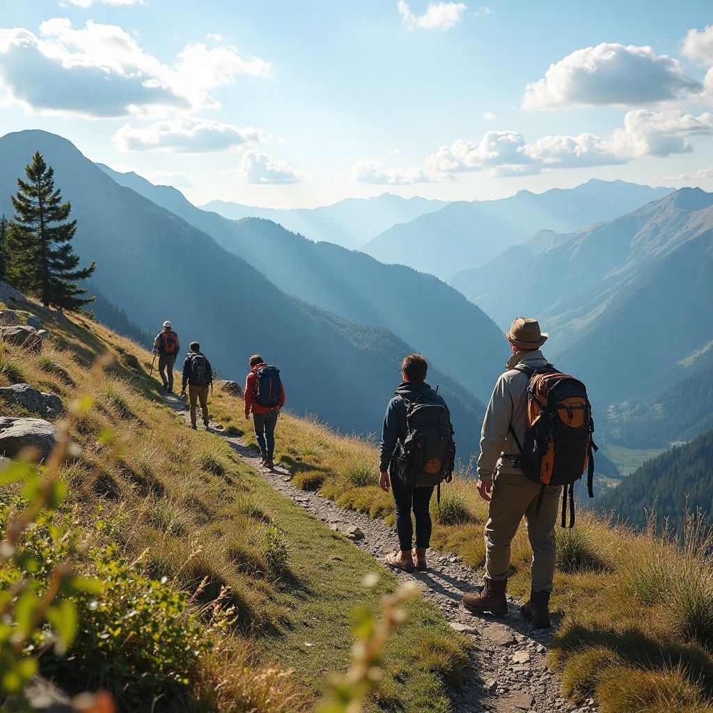 Eco-tourism group hiking in mountains