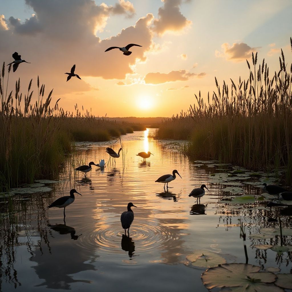 Danube Delta ecosystem with diverse bird species