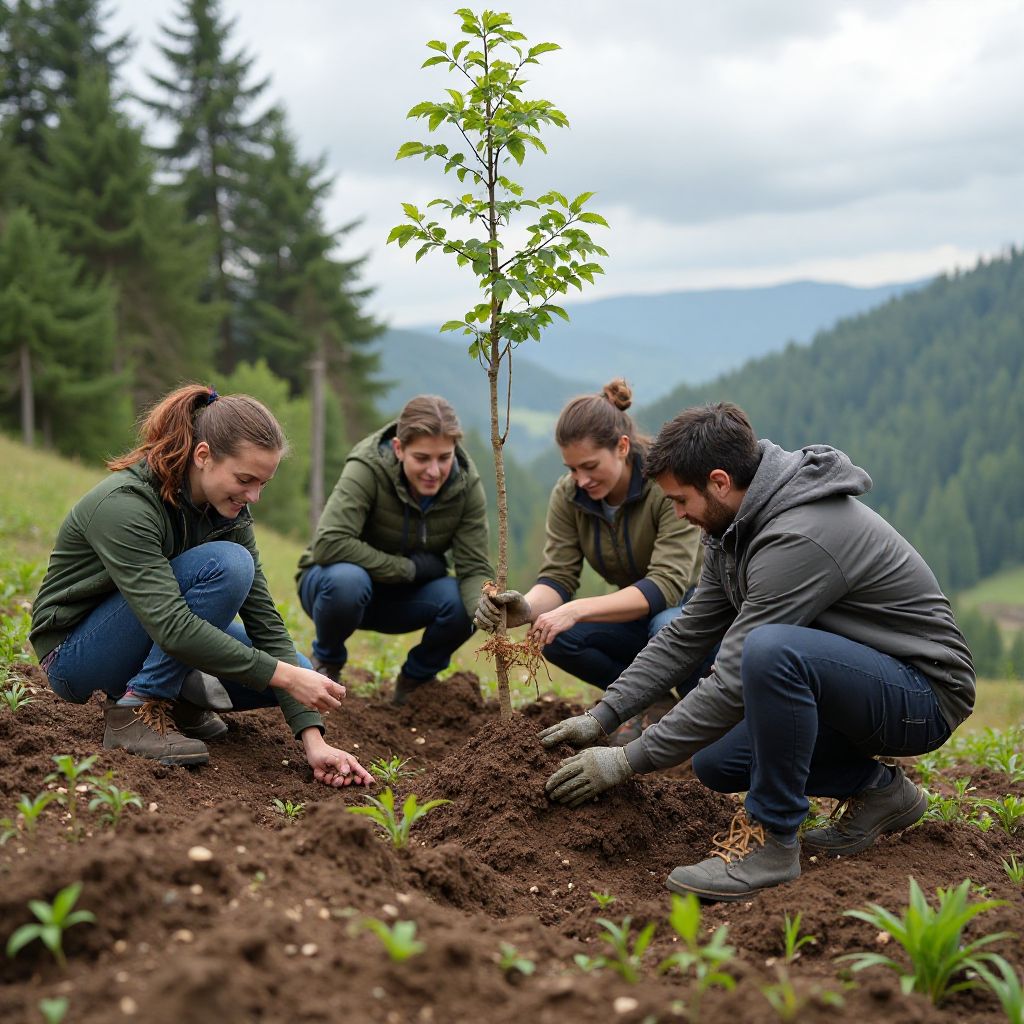 Volunteers planting trees in deforested area of Romania