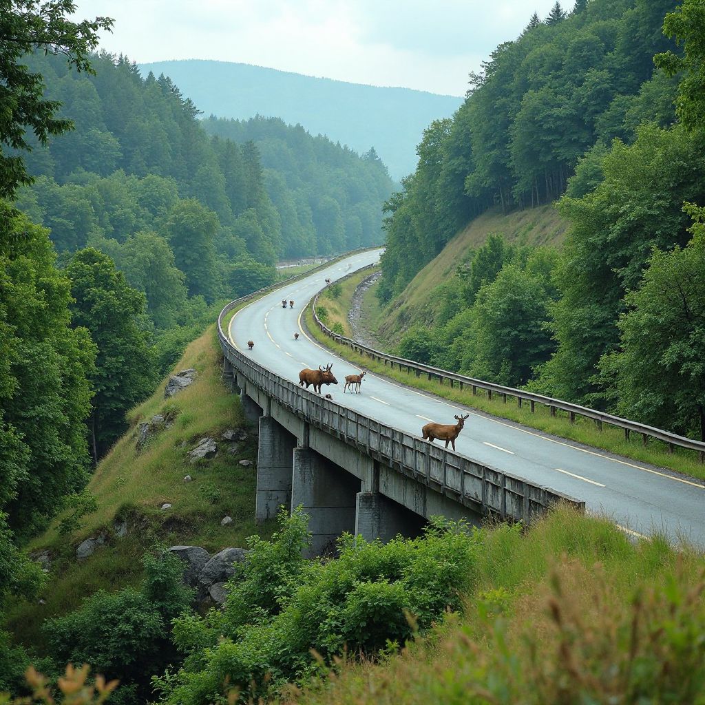 Wildlife crossing bridge over highway in Carpathian mountains